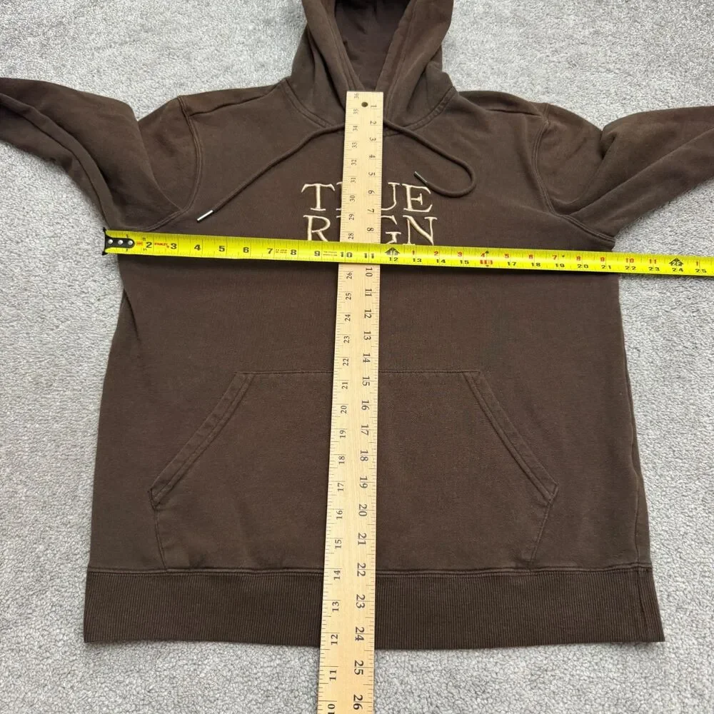 True Religion Hoodie Pullover Sweatshirt Men Small Brown Embroidered Logo Fleece
